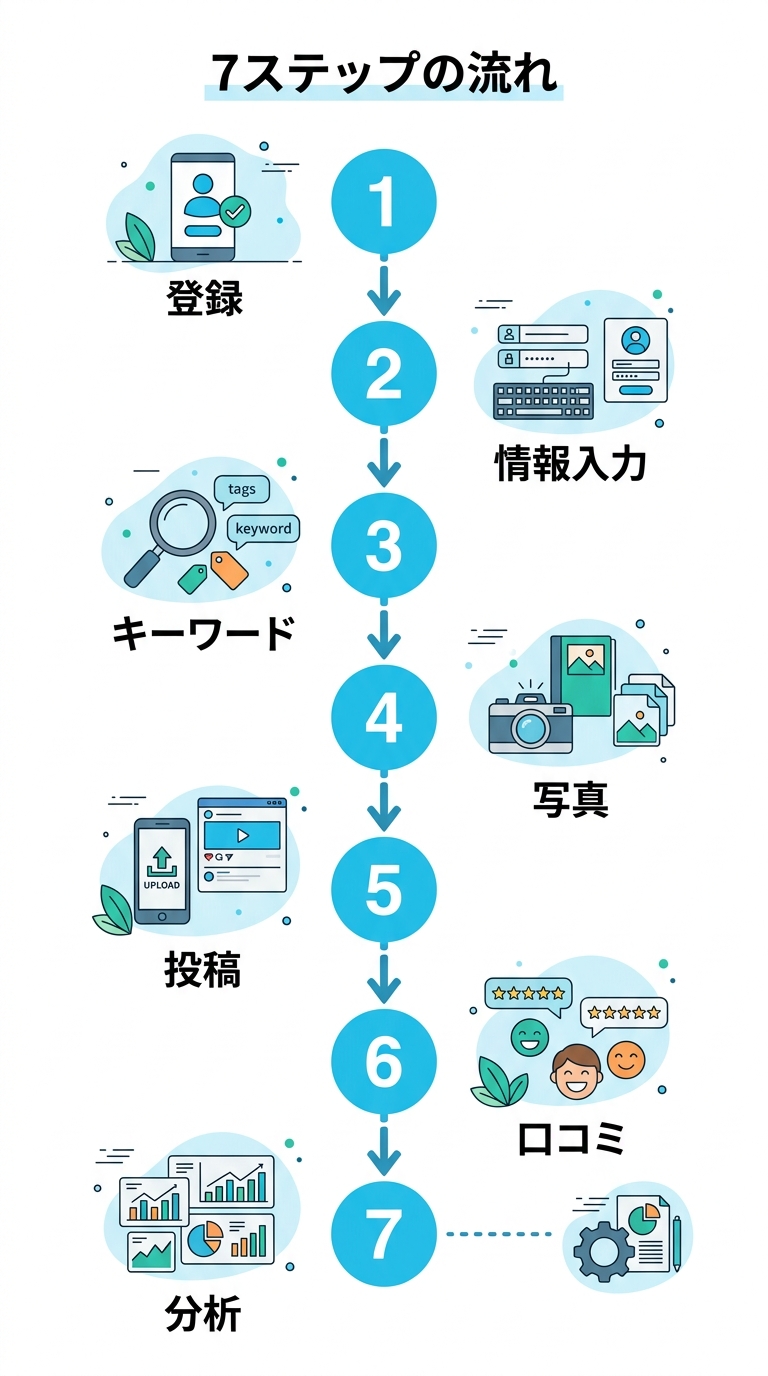 MEO対策の7ステップ 登録から分析改善までのフロー図