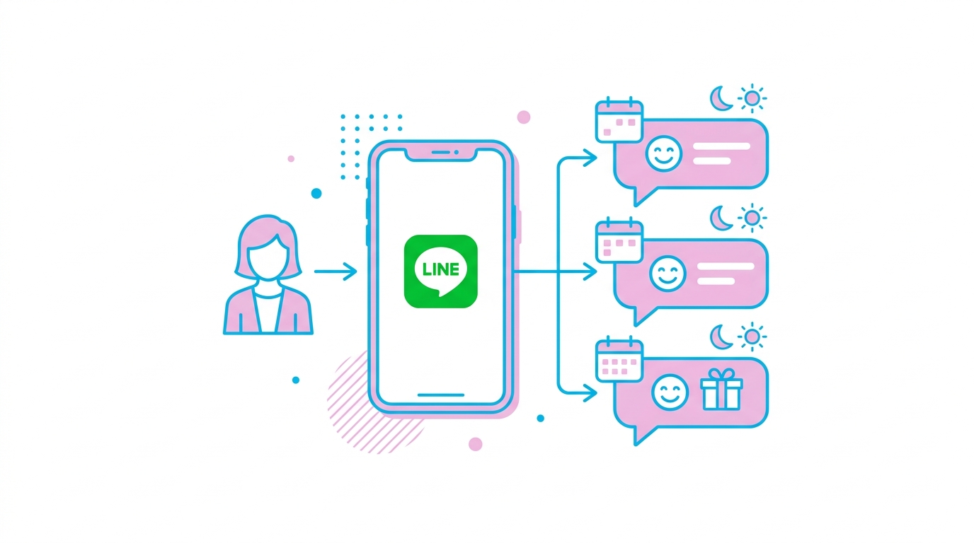 LINEステップ配信の仕組み:友だち追加をきっかけに自動でメッセージを順番に配信するフロー図