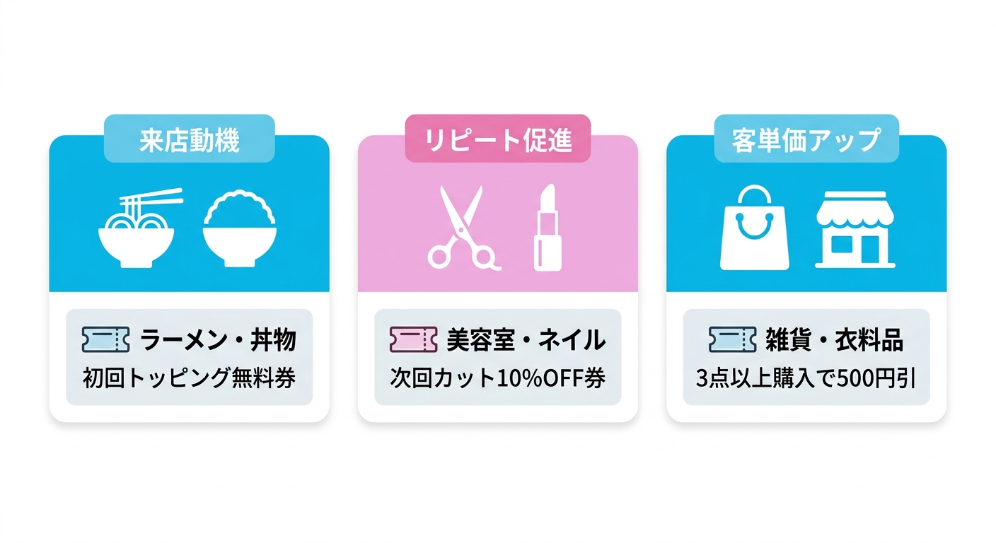 業種別クーポン設計テンプレートを飲食店・美容サロン・小売店で比較した図解